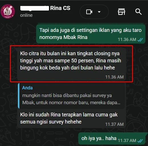 Testimonial screenshot Rina.
